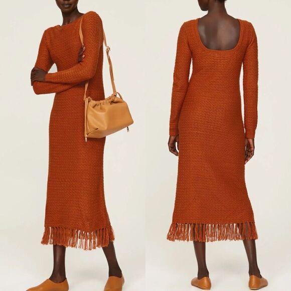 PAMELA LOVE Sweater Dress Womens XS Orange Fringe Long Sleeve Knit Midi Lined - Picture 1 of 11